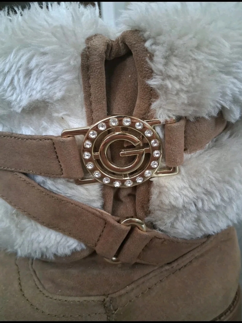 Guess Ankle Boots Womens Sz 8M Faux Suede W/ Fur Lining Brown W/Gold 